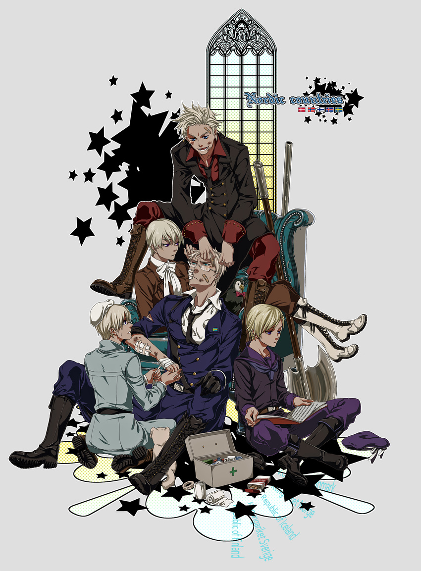 absurdres artist_request axis_powers_hetalia bandages bird blonde_hair blood book boots cuts denmark_(hetalia) dog finland_(hetalia) formal glasses gloves hair_ornament hairclip hana-tamago happy hat highres iceland_(hetalia) injury male_focus military military_uniform multiple_boys necktie norway_(hetalia) puffin puppy sailor sailor_collar smile spiked_hair star suit sweden_(hetalia) uniform