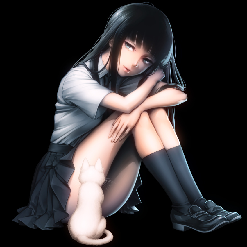 bangs black_background black_eyes black_footwear black_hair black_legwear blunt_bangs cat highres kayu knee_to_chest kneehighs leg_hug lips long_hair original pleated_skirt school_uniform shoes simple_background skirt smile solo white_cat