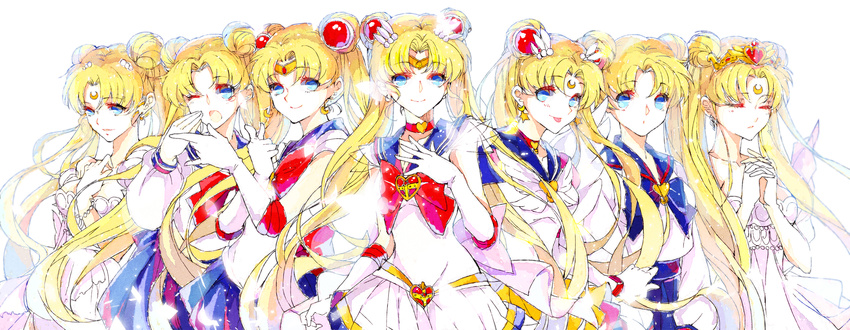 6+girls :p ;o back_bow bishoujo_senshi_sailor_moon blonde_hair blue_eyes blue_sailor_collar bow brooch choker circlet closed_eyes crescent_moon double_bun earrings elbow_gloves eternal_sailor_moon facial_mark forehead_mark gloves hair_ornament hairclip hands_clasped heart heart_choker highres interlocked_fingers jewelry juuban_middle_school_uniform jyu_(foliumfici) long_hair moon multiple_girls multiple_persona neo_queen_serenity older one_eye_closed own_hands_together princess_serenity red_bow red_choker sailor_collar sailor_moon sailor_senshi_uniform school_uniform serafuku smile super_sailor_moon tiara tongue tongue_out tsuki_ni_kawatte_oshioki_yo tsukino_usagi twintails white_gloves wince yawning