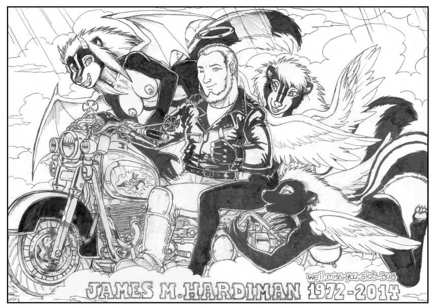 2014 angel anthro black_fur breasts demon ear_piercing facial_hair female fur greyscale group halo hi_res human james_m_hardiman looking_at_viewer lori_(jmh) male mammal mariano memorial monochrome motorcycle mustache natasha_(jmh) onyx_(jmh) piercing sibling sisters skunk straight white_fur wings