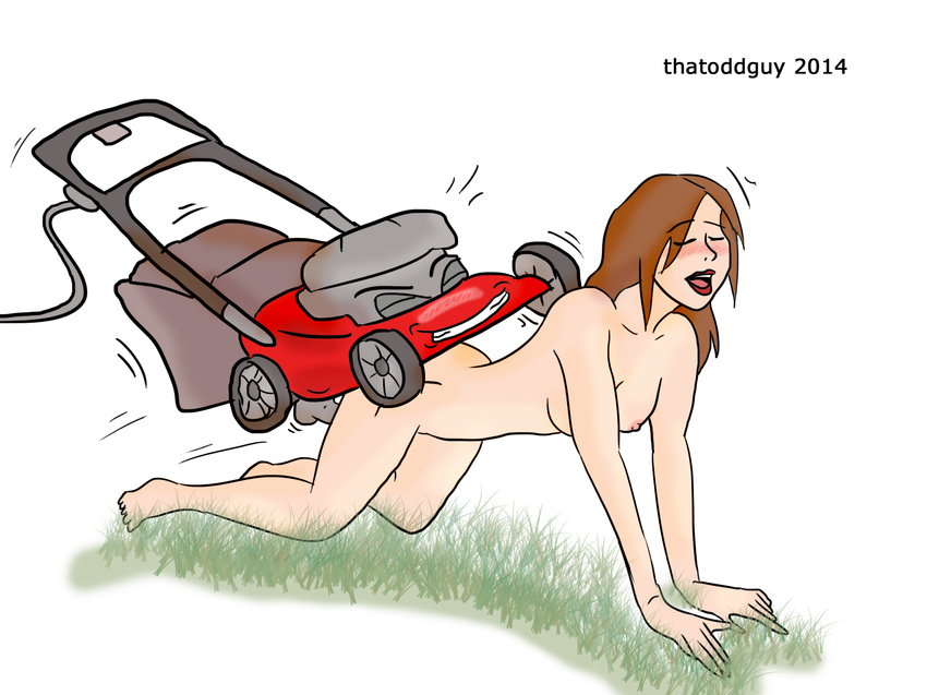 all_fours blush breasts brown_hair butt cord doggystyle eyes_closed female from_behind hair lawn_mower lips male mechanical nipples nude penis sex thatoddguy