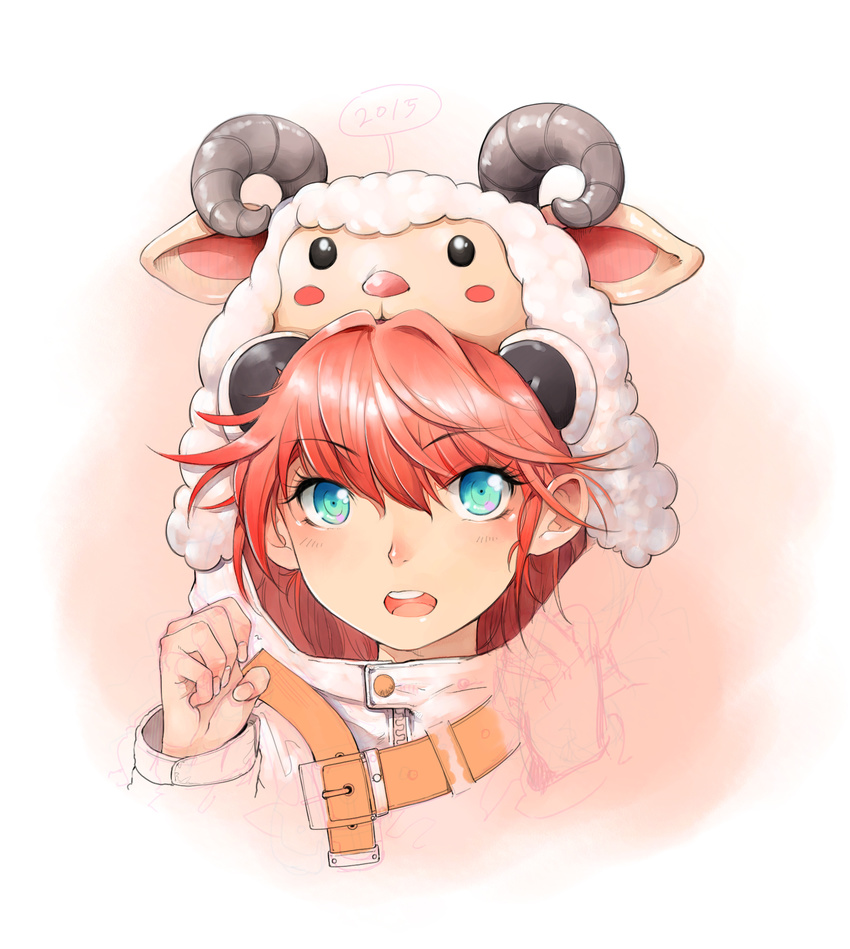 2015 aqua_eyes belt blush blush_stickers highres horns open_mouth pink_hair red_hair seok sheep sheep_horns solo