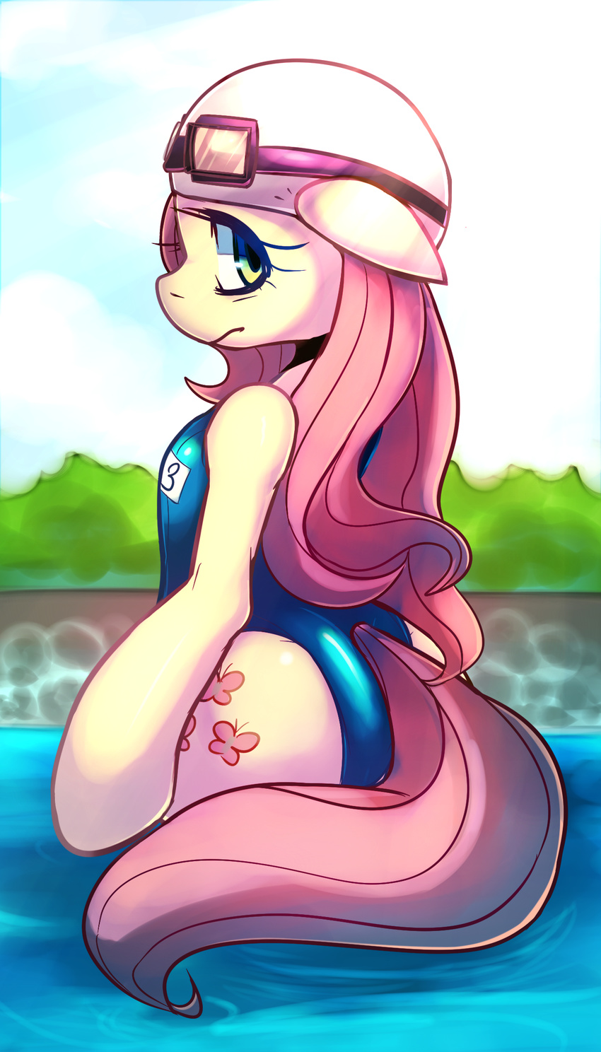 back_turned cutie_mark equine female fluttershy_(mlp) friendship_is_magic fur hair hi_res horse long_hair looking_at_viewer looking_back mammal marenlicious my_little_pony outside pony pool pose shy solo standing swimsuit water