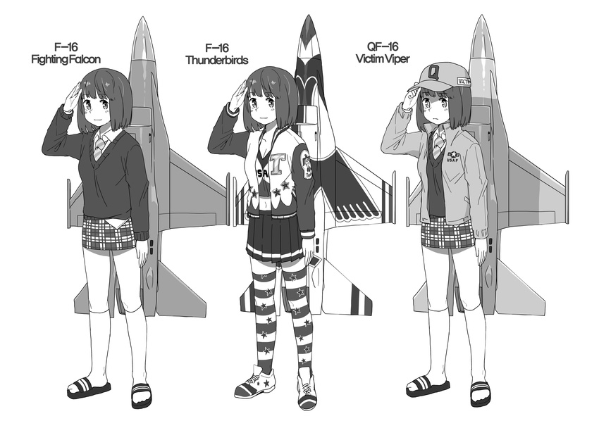 absurdres aircraft airplane anyan_(jooho) drone f-16_(flight_highschool) f-16_fighting_falcon flight_highschool frown greyscale hat highres jacket military monochrome multiple_persona necktie personification qf-16_(flight_highschool) salute sandals shoes smile sneakers socks star striped striped_legwear sweater thighhighs thunderbirds_(team) us_air_force
