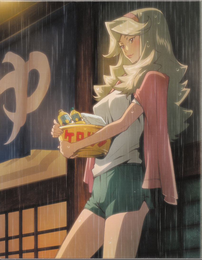 absurdres bandaged_arm bandages basin bathhouse blonde_hair blue_shorts blush bones_(company) breasts closed_mouth cowboy_shot duplicate hairband highres holding honey_(space_dandy) jacket_on_shoulders large_breasts long_hair lotion_bottle noren official_art outdoors pink_lips qt_(space_dandy) rain red_eyes shorts solo space_dandy standing towel waiting wet wet_hair