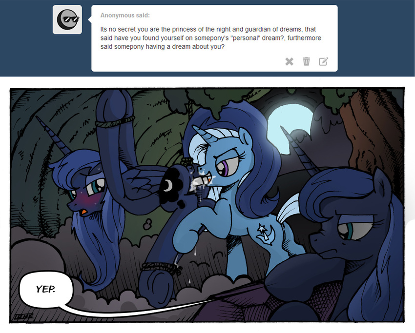 2014 anus blue_eyes blue_fur blue_hair bound cutie_mark dildo duo english_text equine female feral friendship_is_magic fur hair horn ihavnoname lesbian mammal moon my_little_pony night open_mouth penetration princess_luna_(mlp) purple_eyes pussy sex sex_toy text trixie_(mlp) tumblr unicorn vaginal vaginal_penetration winged_unicorn wings