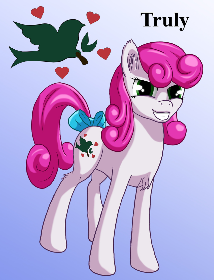 &lt;3 bow cutie_mark english_text equine female feral fur gradient_background green_eyes grin hair hi_res looking_at_viewer mammal my_little_pony pink_hair plain_background shaded solo starbat teeth text truly_(mlp) white_fur