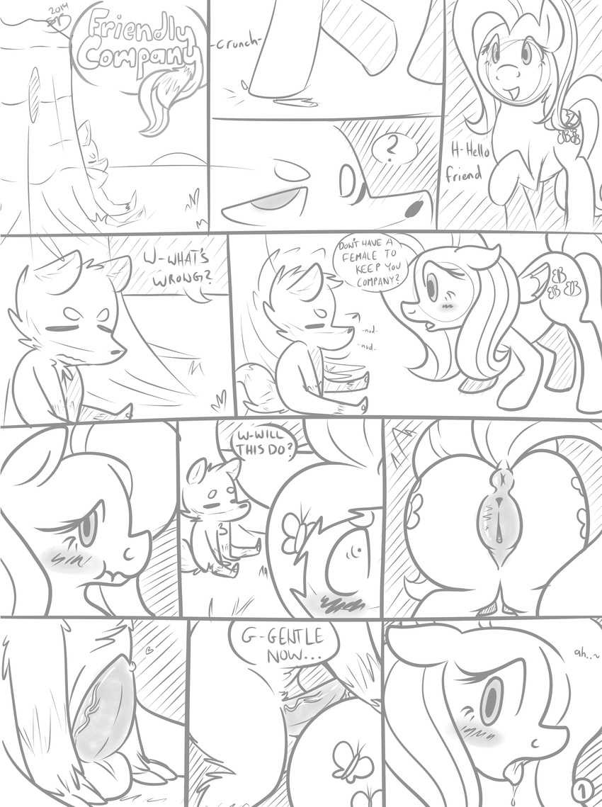 &lt;3 2014 anthro anus backsash balls black_nose blush butt claws comic cum cutie_mark dialog drooling duo embarrassed english_text equine erection female feral fluttershy_(mlp) friendship_is_magic fur grass hair horse long_hair male mammal my_little_pony one_eye_closed open_mouth penis plain_background pony pussy sad saliva smile sun text tongue tongue_out tree white_background wings