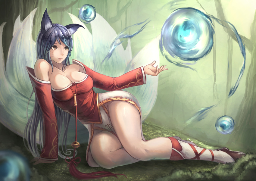 1girl ahri animal_ears bell black_hair breasts brown_eyes cleavage fox_ears fox_tail foxgirl kneehighs large_breasts league_of_legends long_hair magic multiple_tails tail wide_hips yazuwo