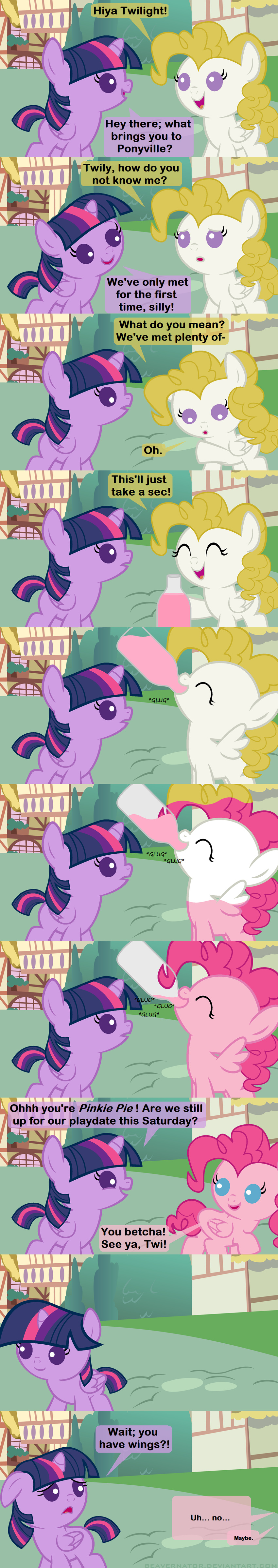 2014 albino beavernator blonde_hair bottle dialog duo english_text equine female friendship_is_magic hair horn mammal multi-colored_hair my_little_pony pegasus pinkie_pie_(mlp) purple_eyes purple_hair surprise_(mlp) text twilight_sparkle_(mlp) winged_unicorn wings young