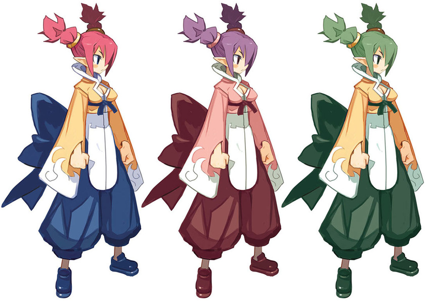 alternate_color bow breasts character_sheet chinese_clothes cleavage clenched_hands disgaea disgaea_d2 female_brawler_(disgaea) full_body green_hair harada_takehito medium_breasts multiple_girls official_art pants purple_hair red_hair shoes short_hair short_twintails standing twintails