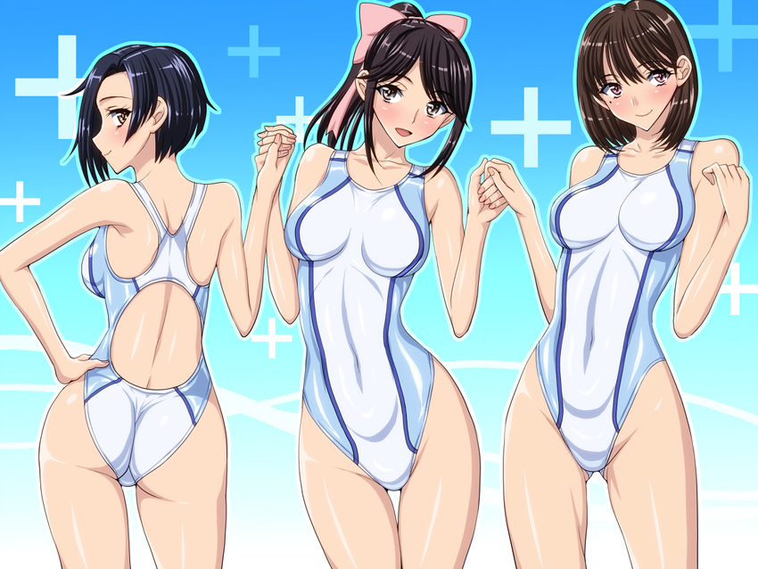 :d anegasaki_nene aqua_background armpits ass back bangs black_hair blue_background blue_hair blue_swimsuit blush bow breasts breasts_apart closed_mouth collarbone competition_swimsuit covered_navel gradient gradient_background grey_eyes groin hair_bow hand_on_hip hand_up hands_up head_tilt high_ponytail highleg highleg_swimsuit hips holding_hands impossible_clothes impossible_swimsuit kobayakawa_rinko legs_apart legs_together light_smile lineup long_hair looking_at_viewer looking_back love_plus medium_breasts mole mole_under_eye multiple_girls one-piece_swimsuit open_mouth outline pink_bow pink_eyes plus_sign ponytail profile sen_(sansui) shiny shiny_clothes shiny_skin short_hair sidelocks skin_tight smile standing swimsuit takane_manaka thigh_gap thighs wedgie white_swimsuit yellow_eyes