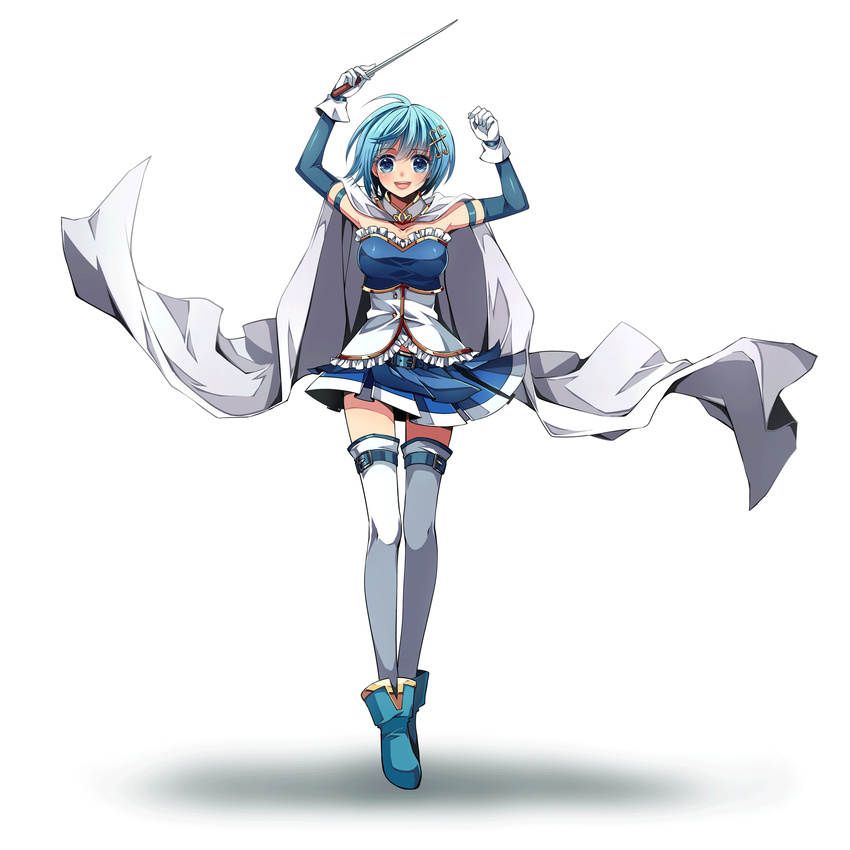 :d armband atobesakunolove baton_(instrument) belt blue_eyes blue_hair cape gloves hair_ornament hairclip highres mahou_shoujo_madoka_magica mahou_shoujo_madoka_magica_movie miki_sayaka open_mouth short_hair simple_background smile solo thighhighs white_background zettai_ryouiki