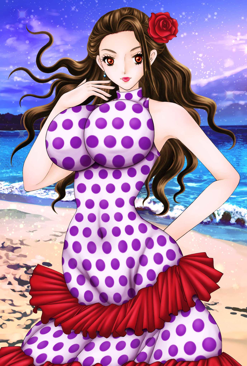 1girl bad_anatomy beach breasts brown_hair dress earrings female flower hair_flower hair_ornament huge_breasts impossible_clothes impossible_dress jewelry lipstick long_hair looking_at_viewer makeup mariel-nymphaea-f ocean one_piece outdoors red_eyes red_lipstick skin_tight solo viola_(one_piece) violet_(one_piece) water
