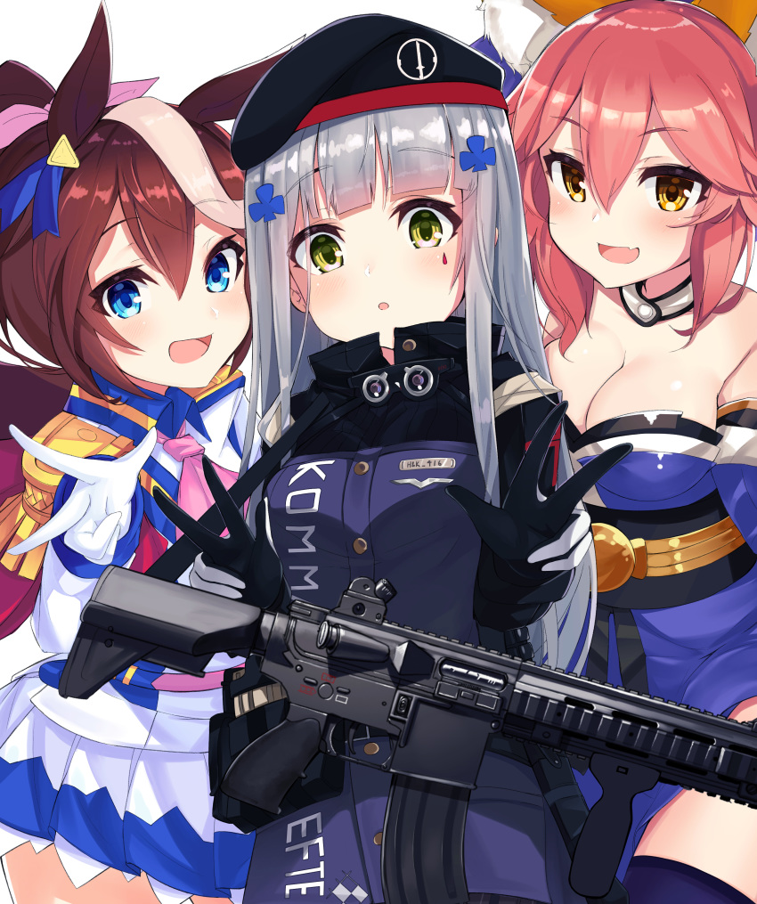 :d :o absurdres animal_ear_fluff animal_ears assault_rifle black_gloves blue_eyes blue_kimono blue_legwear blush breasts brown_eyes brown_hair character_name cleavage commentary crossover double_v english_commentary epaulettes facial_mark fate/extra fate_(series) fox_ears girls_frontline gloves green_eyes gun heckler_&amp;_koch highres hk416 hk416_(girls_frontline) holding holding_gun holding_weapon horse_ears jacket japanese_clothes kimono large_breasts long_hair long_sleeves multicolored_hair multiple_crossover multiple_girls name_tag obi object_namesake ohshit open_mouth parted_lips pink_hair pleated_skirt purple_jacket rifle sash silver_hair simple_background skirt small_breasts smile strapless streaked_hair tamamo_(fate)_(all) tamamo_no_mae_(fate) thighhighs tokai_teio umamusume v very_long_hair weapon white_background white_gloves white_hair white_jacket white_skirt
