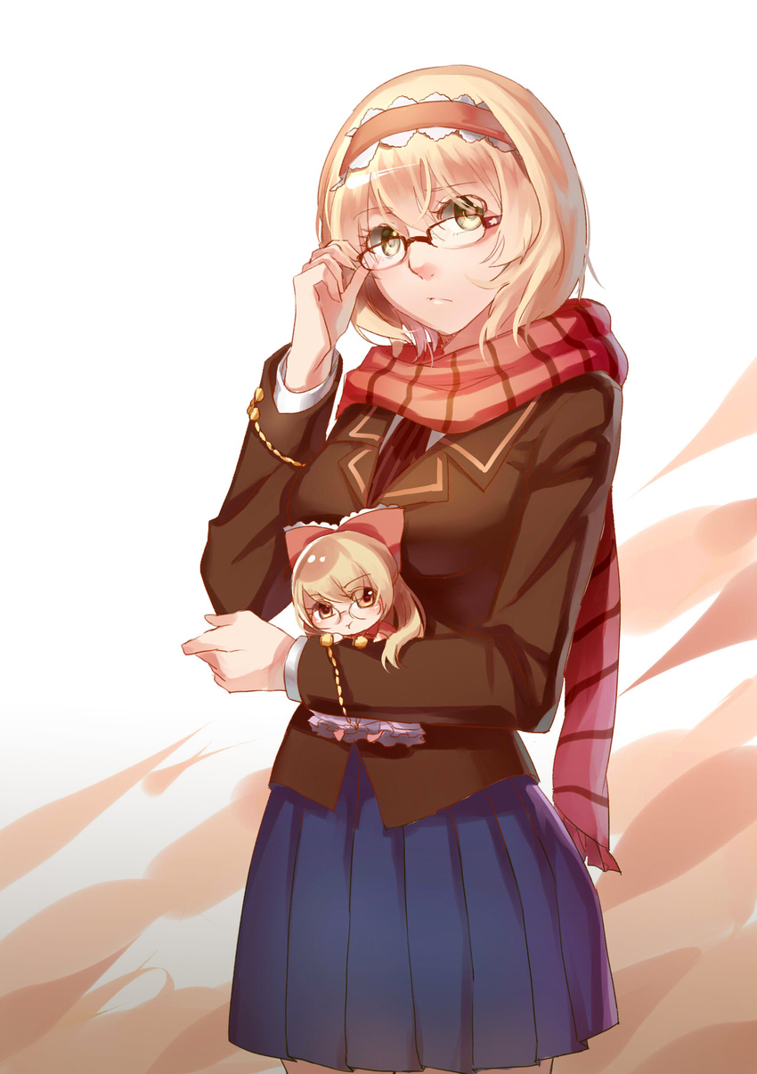 :t absurdres aer_(tengqiu) alice_margatroid alternate_costume bespectacled blazer blonde_hair blush bow contemporary glasses hair_bow hairband highres jacket looking_at_viewer matching_shanghai over-rim_eyewear red-framed_eyewear scarf semi-rimless_eyewear shanghai_doll short_hair skirt solo touhou yellow_eyes