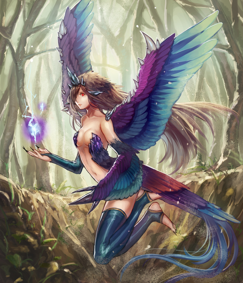 asymmetrical_limbs bare_shoulders bird_wings black_nails blue_legwear breasts brown_hair claws cleavage collarbone feathered_wings feathers fingernails flying forest hair_over_one_eye harpy highres horns long_fingernails long_hair long_toenails looking_at_viewer magic monster_girl nail_polish nature navel original outdoors red_eyes sharp_fingernails sharp_toenails small_breasts solo tail thighhighs toenails tree very_long_hair wings yunomachi