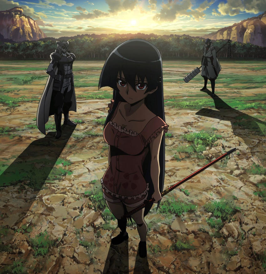 1girl 2boys akame akame_ga_kill! armor black_hair highres long_hair multiple_boys red_eyes screencap sleepwear standing stitched sunset sword tatsumi_(akame_ga_kill!) weapon