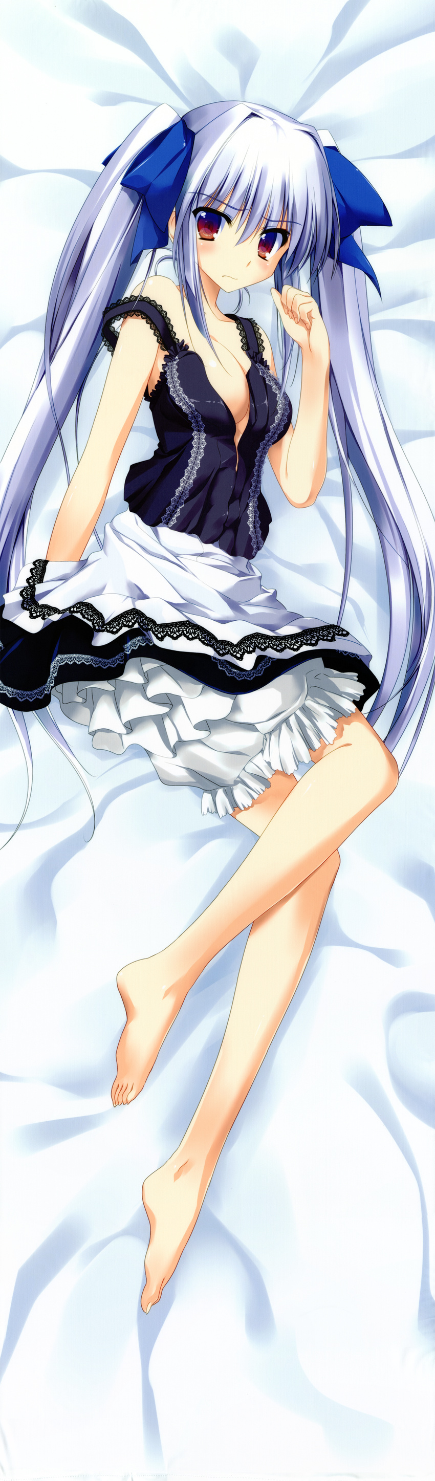 absurdres barefoot bed_sheet bloomers blue_hair breasts dakimakura dress feet highres huge_filesize medium_breasts no_bra open_clothes open_dress red_eyes scan solo tsukinon twintails underwear
