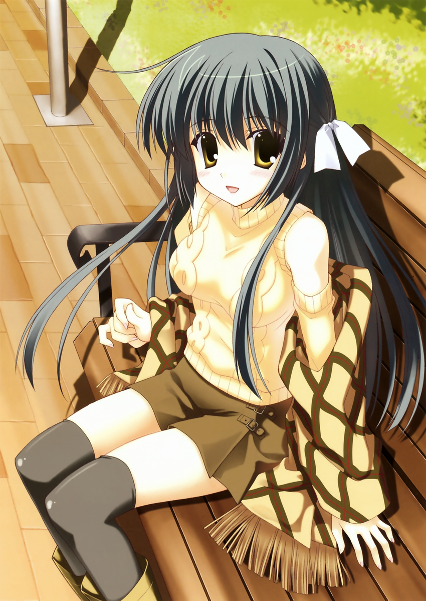 :d absurdres aran_sweater bench black_hair black_legwear blush boots breasts detached_sleeves highres himenomiya_kaguya knee_boots large_breasts long_hair looking_at_viewer nanao_naru non-web_source official_art open_mouth outdoors scan sitting skirt sleeveless sleeveless_turtleneck smile solo stellar_theater sweater thighhighs turtleneck turtleneck_sweater yellow_eyes zettai_ryouiki