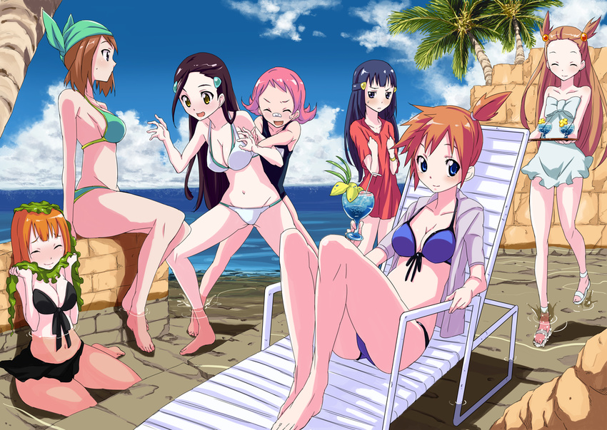 bad_id bad_pixiv_id bandana barefoot bikini blue_eyes blue_hair blush breast_awe breast_envy breasts brown_hair cleavage closed_eyes day drink feet front-tie_top gym_leader happy haruka_(pokemon) hikari_(pokemon) kasumi_(pokemon) large_breasts long_hair long_legs looking_at_breasts lying midriff mikan_(pokemon) multiple_girls natane_(pokemon) navel no_hat no_headwear orange_hair pink_hair plate pokemon pokemon_(game) pokemon_dppt pokemon_gsc pokemon_rse ponytail seaweed short_hair side_ponytail smile sumomo_(pokemon) suzuna_(pokemon) sweatdrop swimsuit tomboy toru_k two_side_up water yellow_eyes