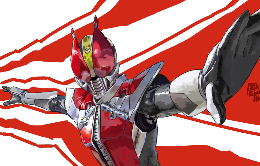 agu_agu bad_id bad_pixiv_id bodysuit goggles helmet kamen_rider kamen_rider_den-o kamen_rider_den-o_(series) male_focus outstretched_arms pose simple_background solo two-tone_background uniform upper_body