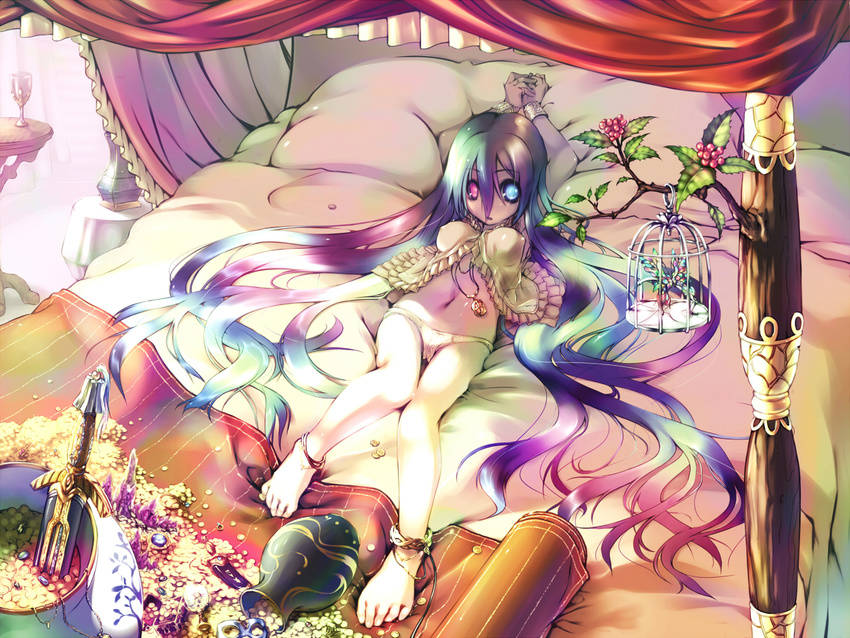 anklet barefoot bed blue_eyes blue_hair bracer cage feet gold heterochromia jewelry long_hair lying midori_no_ruupe necklace original panties psychedelic red_eyes solo sword treasure underwear very_long_hair weapon