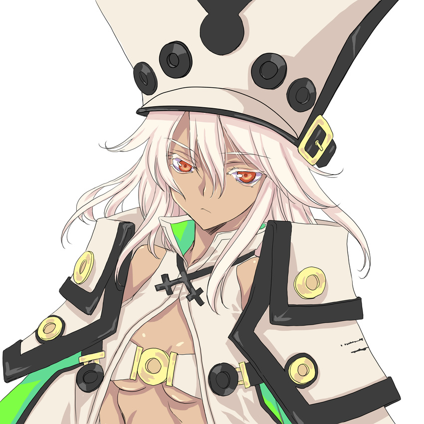 absurdres bad_id bad_pixiv_id bare_shoulders belt_buckle beltbra breasts buckle cape cleavage dark_skin expressionless guilty_gear guilty_gear_xrd hat highres long_hair looking_at_viewer medium_breasts nanase_aoi orange_eyes ramlethal_valentine simple_background solo underboob upper_body white_background white_hair