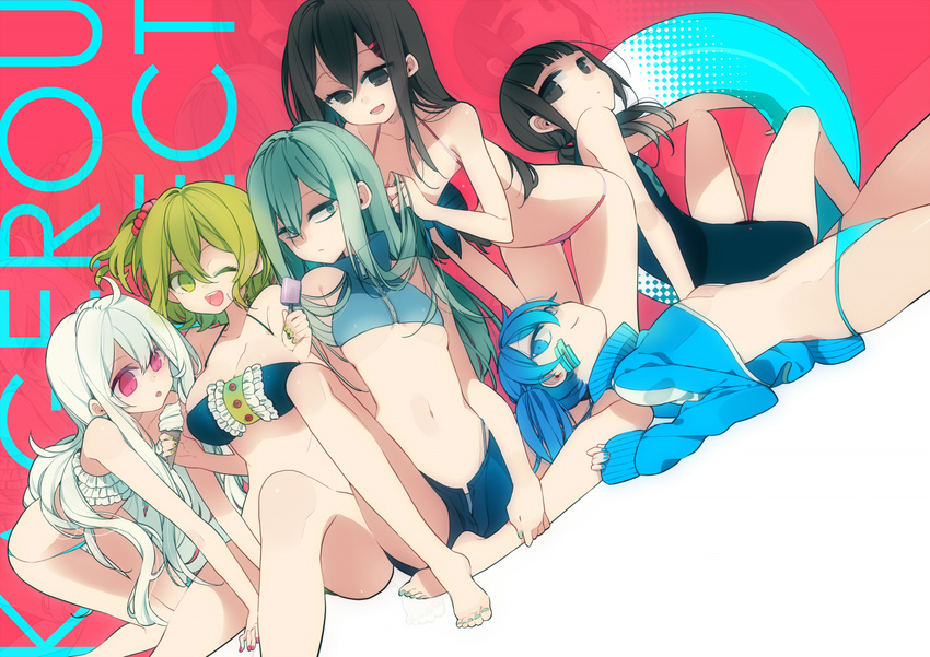 asahina_hiyori bad_id bad_pixiv_id bikini black_hair blue_eyes blue_hair ene_(kagerou_project) food green_eyes green_hair hair_ornament hairclip ice_cream ice_cream_cone innertube kagerou_project kido_tsubomi kisaragi_momo kozakura_marry lari long_hair midriff multiple_girls navel popsicle red_eyes school_swimsuit short_shorts shorts side_ponytail silver_hair swimsuit tateyama_ayano twintails