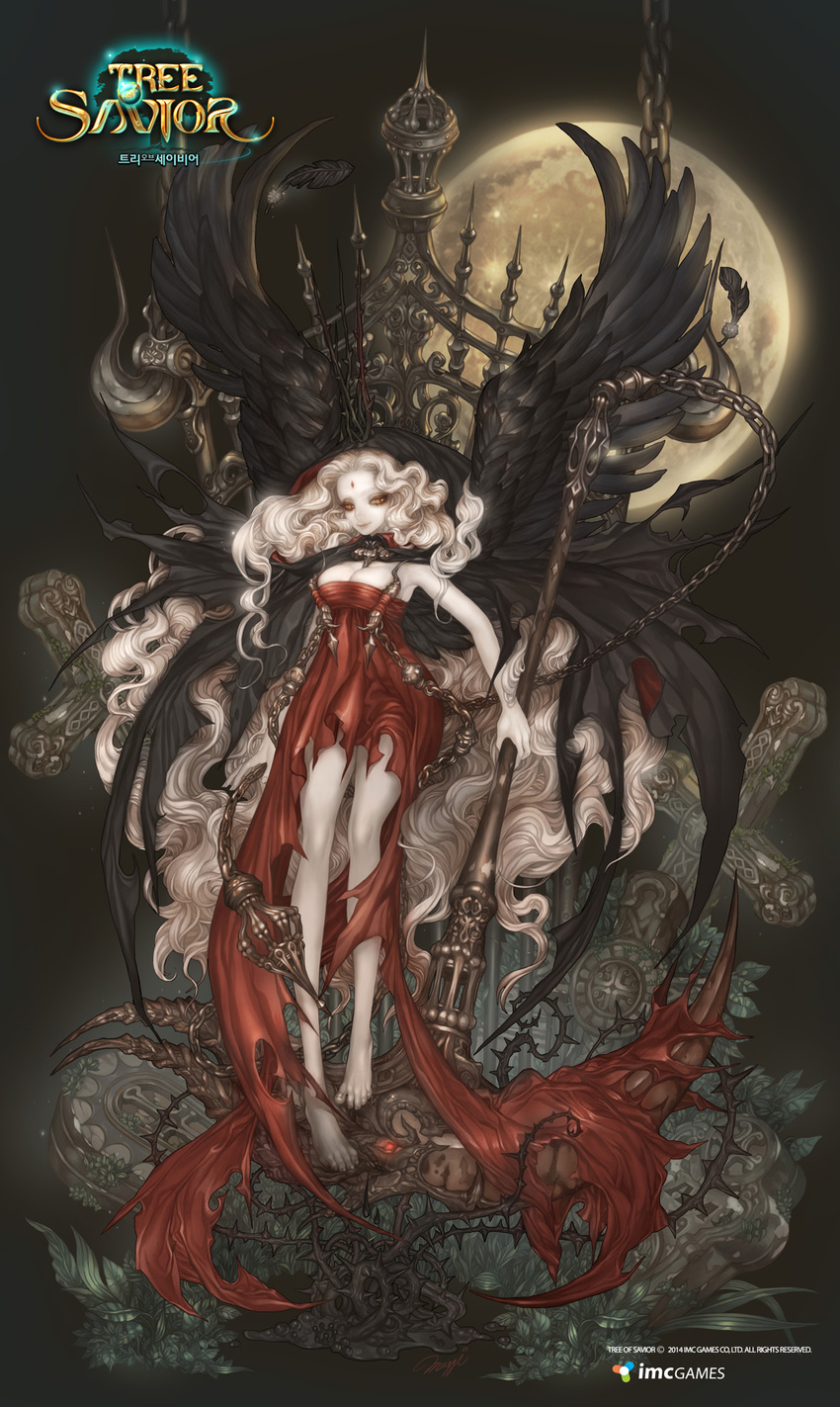 bad_feet barefoot black_wings breasts copyright_name full_body full_moon giltine highres holding holding_weapon large_breasts long_hair looking_at_viewer maggi moon official_art polearm scythe solo toes tree_of_savior very_long_hair wavy_mouth weapon white_hair wings yellow_eyes