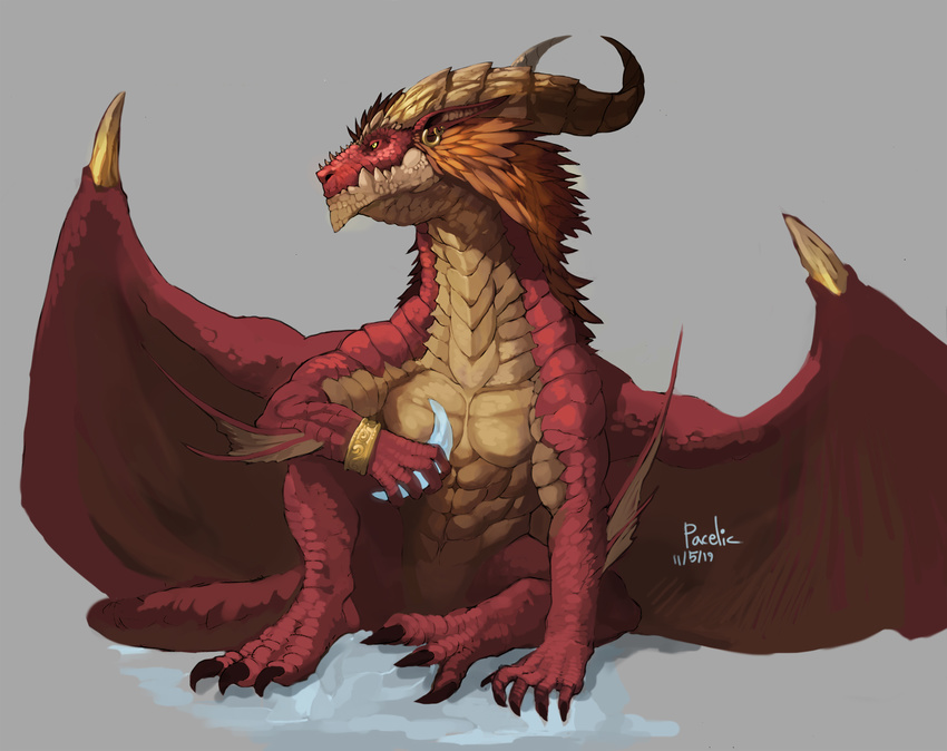 abs dragon ear_piercing hair horn muscles pacelic pecs piercing plain_background red_dragon red_scales reptile scalie sitting wings yellow_eyes