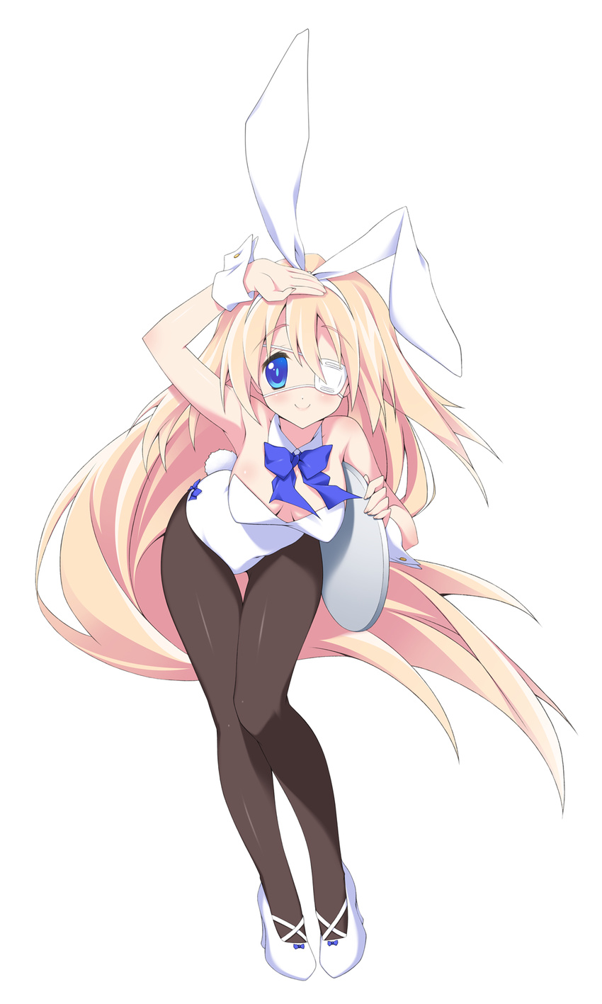 animal_ears bow bowtie bunny_ears bunny_tail bunnysuit detached_collar eyepatch highres leaning_forward long_hair original pantyhose solo tail taira_takehiro tray very_long_hair wrist_cuffs