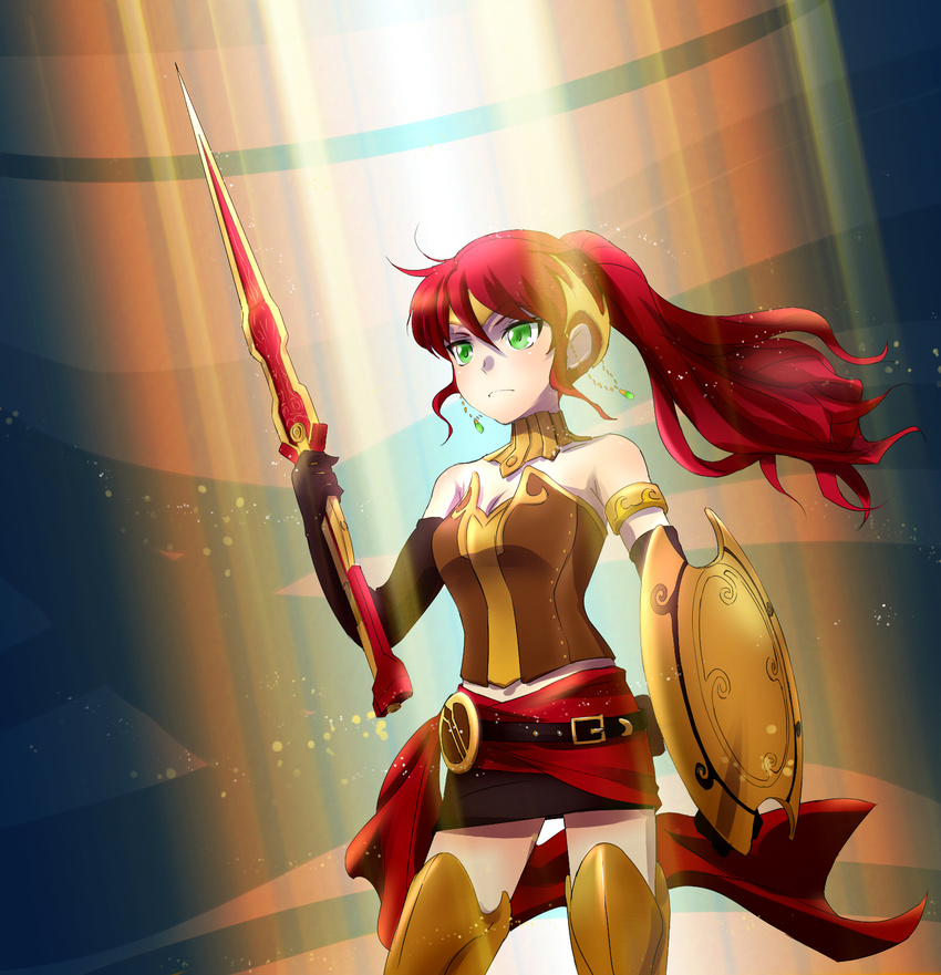 armlet armor bare_shoulders belt black_gloves breastplate breasts buckle cleavage corset cowboy_shot elbow_gloves forehead_protector gloves gorget greaves green_eyes highres iesupa jewelry light_particles light_rays long_hair medallion medium_breasts milo_and_akouo neck_ring ponytail pyrrha_nikos red_hair rwby sarong serious shield skirt solo spotlight sword weapon