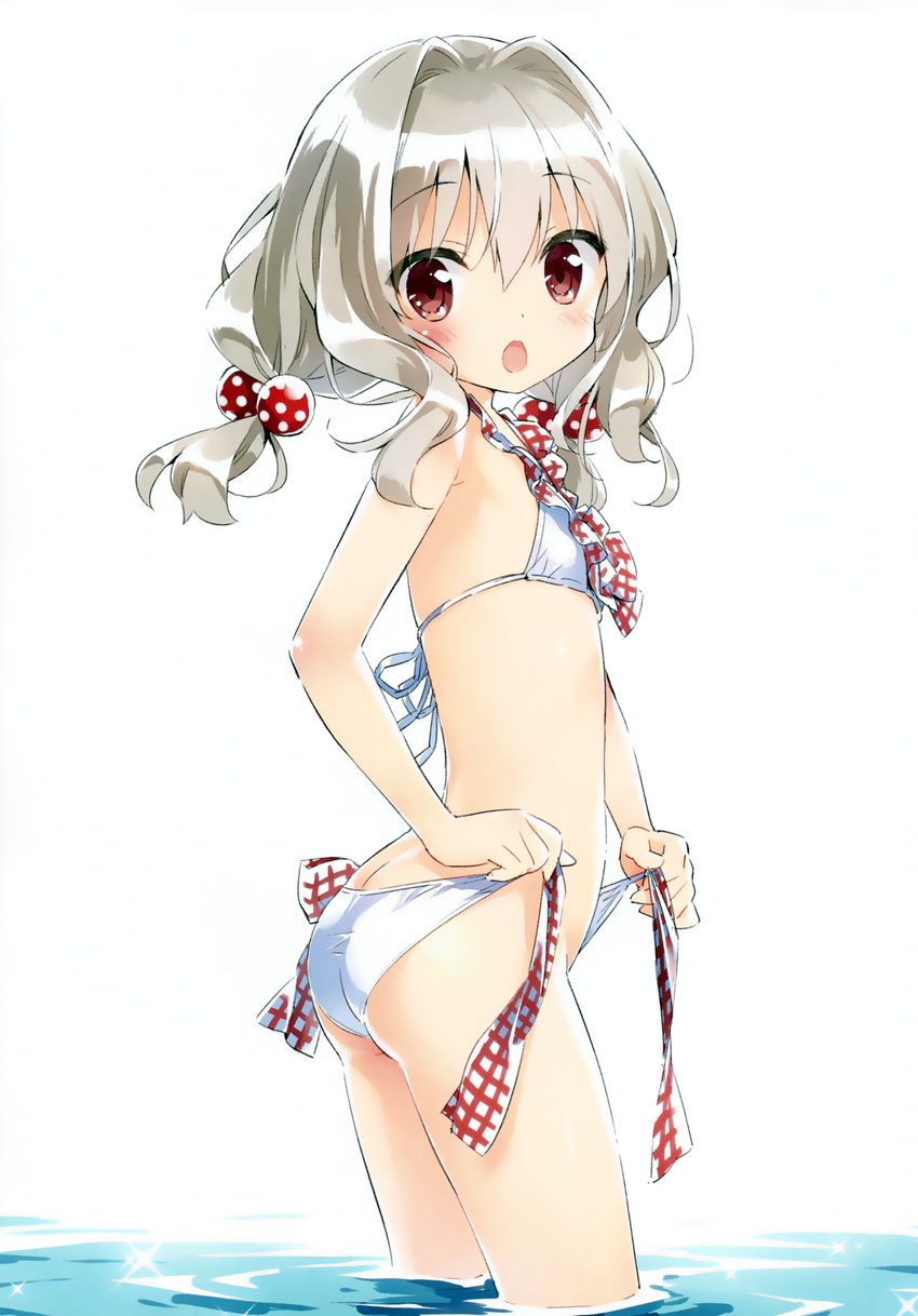 :o absurdres aisia bikini blush commentary_request da_capo dressing flat_chest hair_bobbles hair_ornament highres long_hair looking_at_viewer open_mouth peko petite polka_dot red_eyes scan side-tie_bikini silver_hair solo standing string_bikini swimsuit twintails untied untied_bikini water