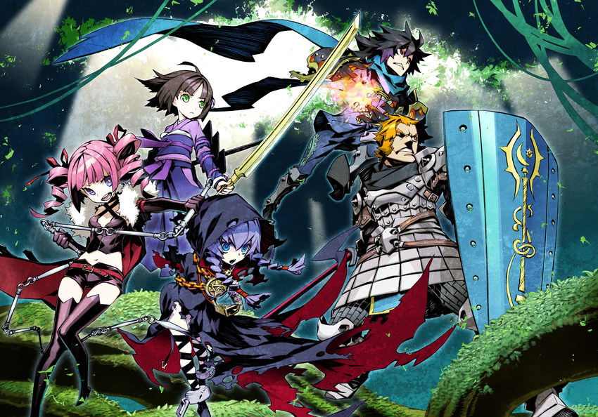 3girls alchemist_(sekaiju) blonde_hair blue_eyes bushidou_(sekaiju) curse_maker dark_hunter drill_hair highres hood long_hair magic miwa_shirou multiple_boys multiple_girls paladin_(sekaiju) pink_hair scarf sekaiju_no_meikyuu shield sword twin_drills weapon