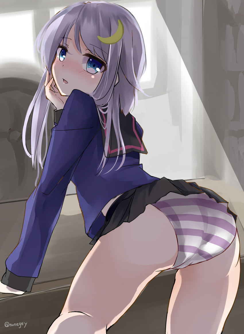 absurdres ass blue_eyes blush crescent crescent_hair_ornament from_behind hair_ornament highres kantai_collection long_hair looking_at_viewer monoto panties school_uniform serafuku skirt solo striped striped_panties thighs twitter_username underwear yayoi_(kantai_collection)