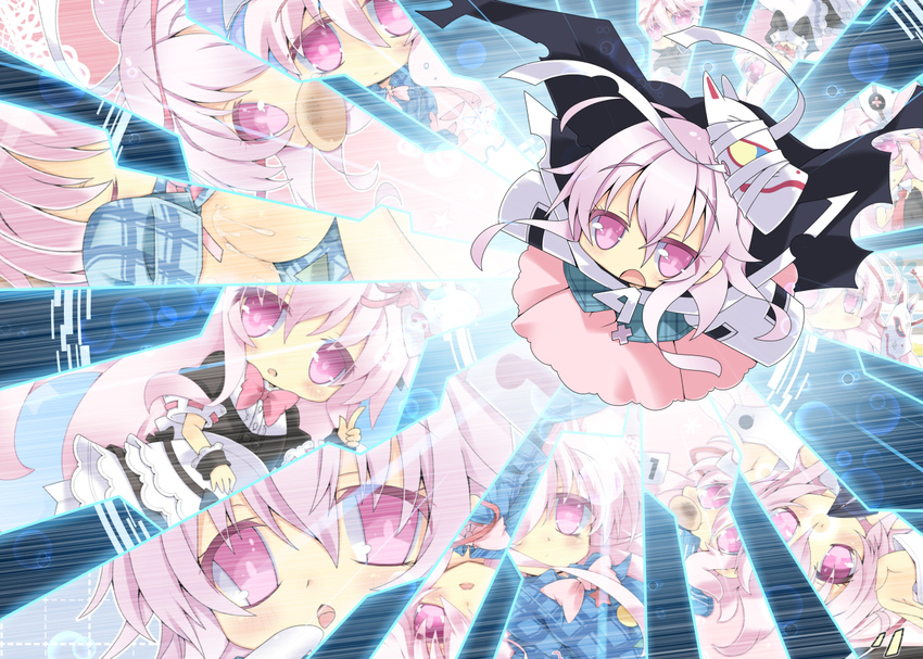 alternate_costume bandages cape chibi hata_no_kokoro long_hair maid mask milkpanda needless open_mouth pink_eyes pink_hair saten_(needless) touhou v