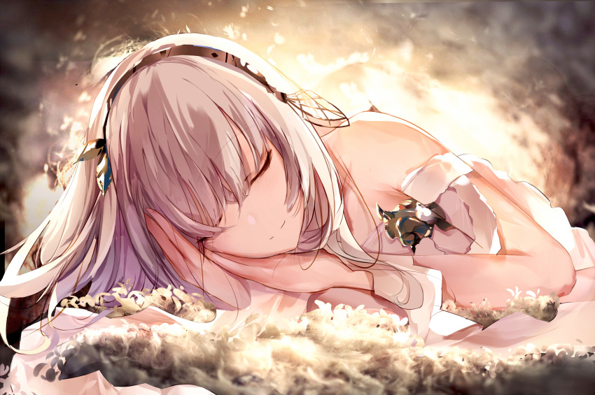 absurdres anastasia_(fate/grand_order) arms_up bad_id bad_pixiv_id bangs bare_shoulders blush brown_hairband closed_eyes closed_mouth eyebrows_visible_through_hair facing_viewer fallen_heaven fate/grand_order fate_(series) hair_between_eyes hairband highres long_hair lying on_side silver_hair smile solo