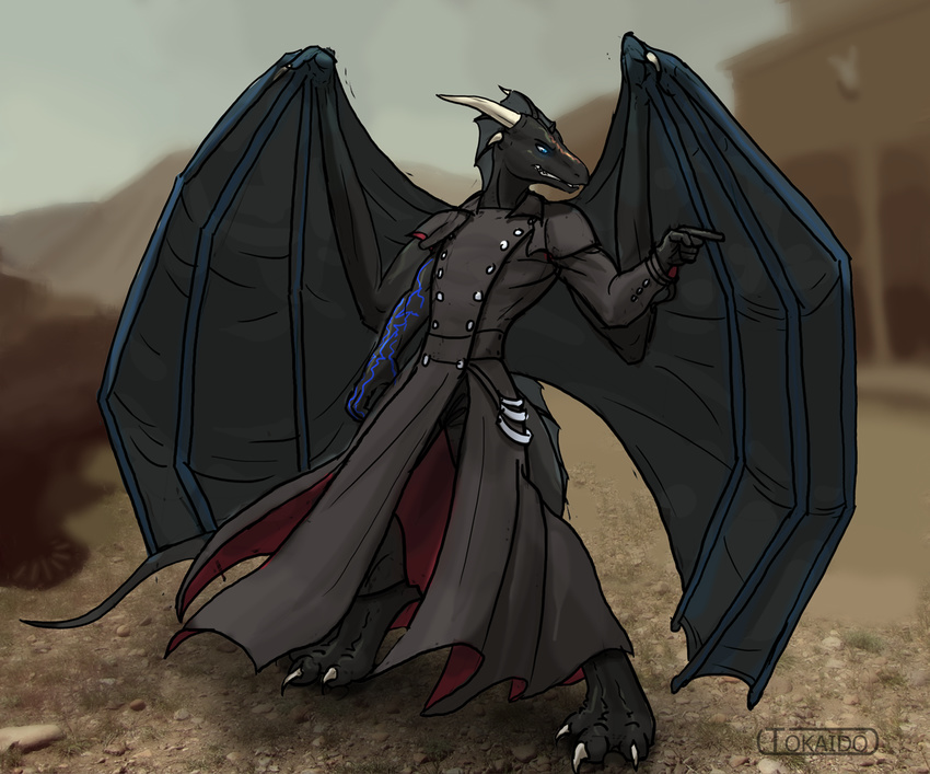 2014 3_toes anthro barefoot black_dragon black_skin blue_eyes claws clothed clothing coat digitigrade dragon duster_coat frills horn male outside scalie scar smile solo standing toes tokaido western wings