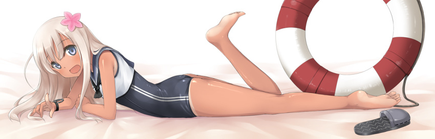 1girl ass barefoot black_swimsuit blonde_hair blue_eyes crop_top feet flat_ass flower full_body hair_flower hair_ornament index_finger_raised kantai_collection kochipu lifebuoy long_hair looking_at_viewer lying on_stomach one-piece_tan open_mouth ro-500_(kantai_collection) sandals school_swimsuit single_sandal smile solo swimsuit swimsuit_under_clothes tan tanline white_background