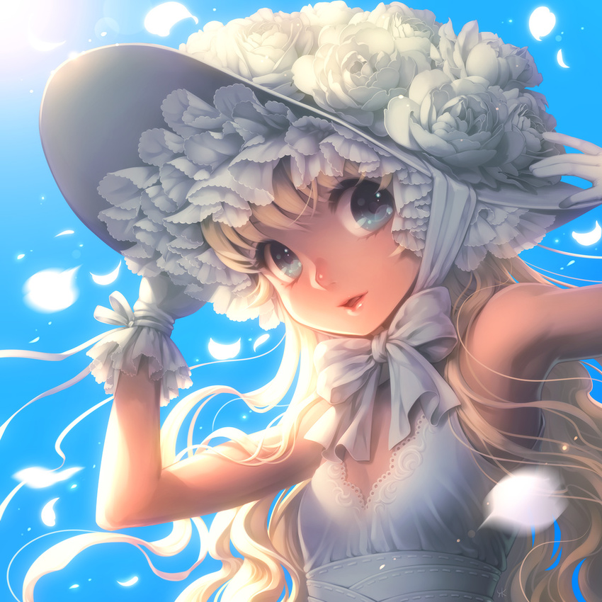 :d armpits bare_shoulders blonde_hair blue_background blue_eyes bow chin_strap day face falling feathers flat_chest flower frilled_hat frills gloves hat highres kayu lips long_hair looking_at_viewer open_mouth original parted_lips petals rose sky smile solo upper_body wavy_hair white_flower white_hat white_rose