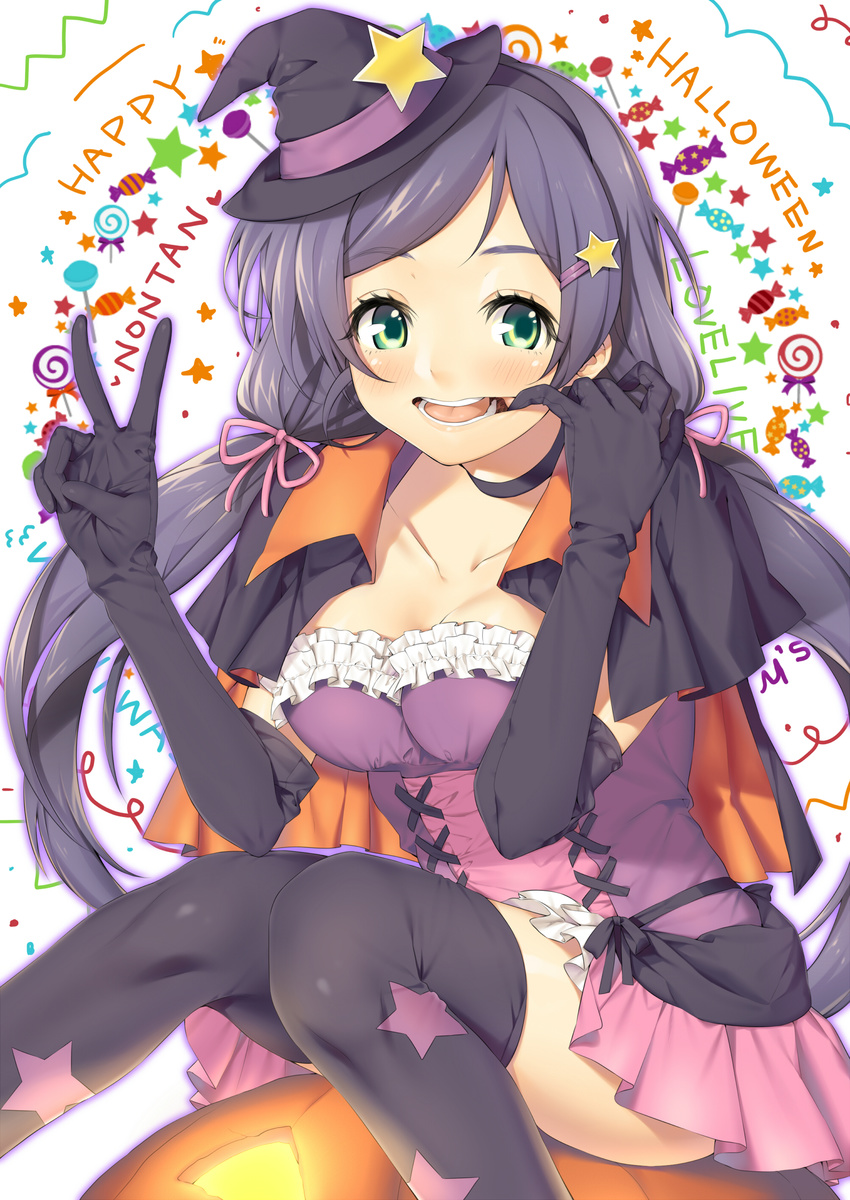 absurdres bad_id bad_pixiv_id breasts choker dancing_stars_on_me! elbow_gloves gloves green_eyes halloween halloween_costume hat highres long_hair looking_at_viewer love_live! love_live!_school_idol_project medium_breasts print_legwear pumpkin purple_hair smile solo star star_print thighhighs toujou_nozomi twintails witch_hat yana_mori