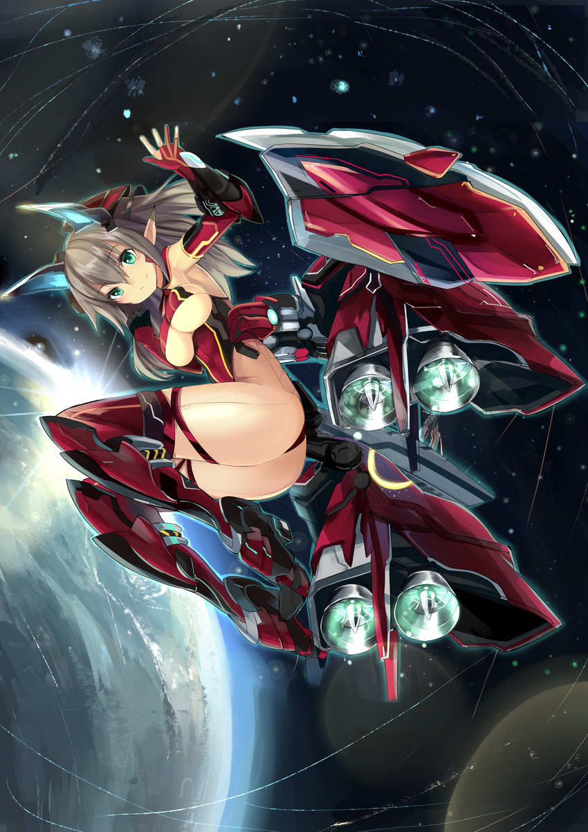 absurdres aqua_eyes ass bare_shoulders boots breasts earth fetal_position full_body gloves haik headgear highres long_hair mecha medium_breasts original planet plantar_flexion pointy_ears silver_hair smile solo space thigh_boots thighhighs two_side_up underboob