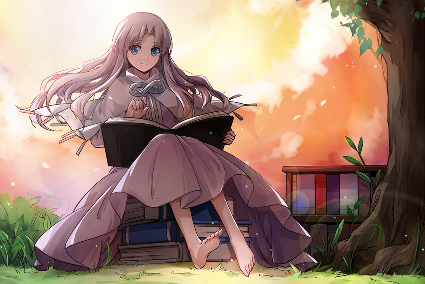 .hack//games 1girl aura_(.hack//) barefoot blue_eyes book brooch capelet dress full_body grey_hair infinity jewelry long_hair md5_mismatch pink_dress reading sindre sitting smile solo tree