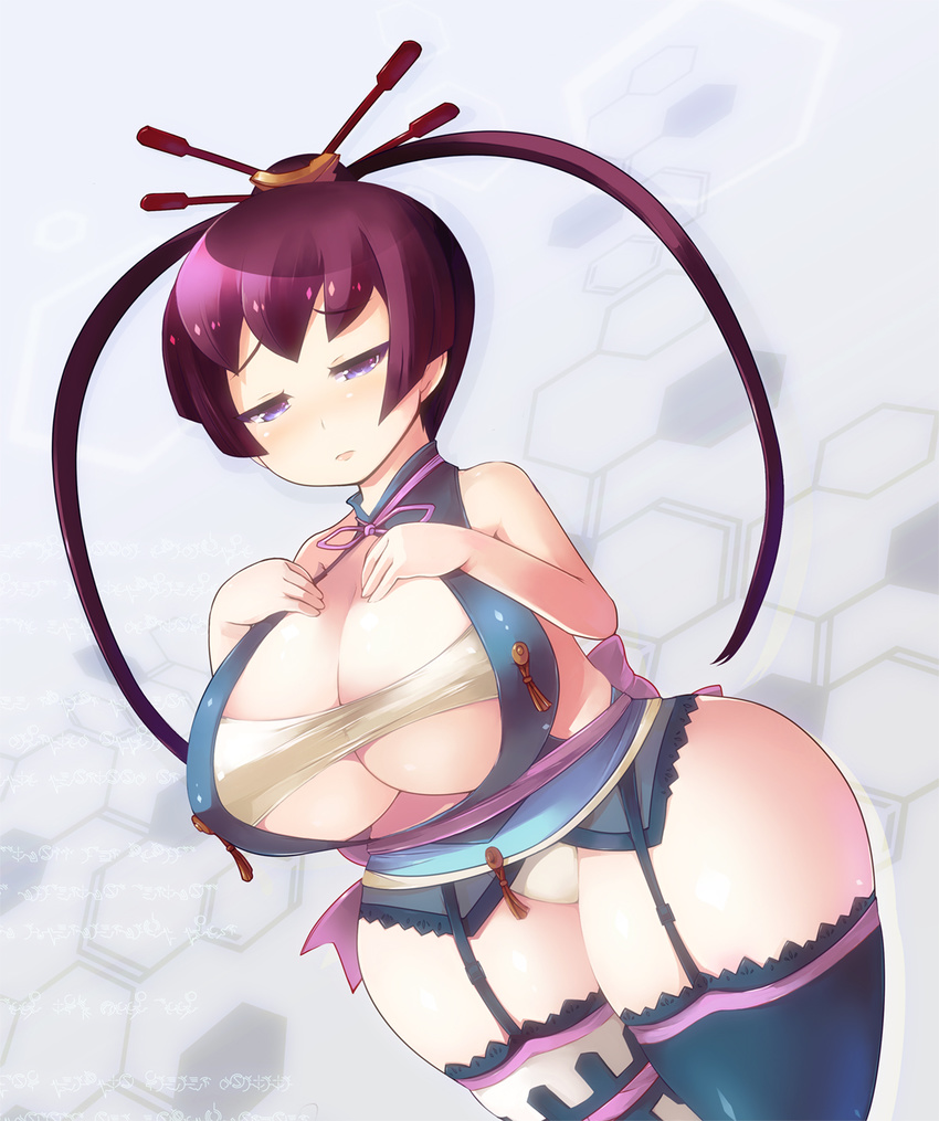 1girl ar_tonelico bare_shoulders belt_bra beltbra breast_suppress breasts cleavage copyright_request curvy dutch_angle female finnel garter_belt hair_ornament half-closed_eyes highres huge_breasts jitome lingerie long_hair oukadan panties purple_eyes purple_hair solo squinting standing thick_thighs thighhighs thighs underwear wide_hips