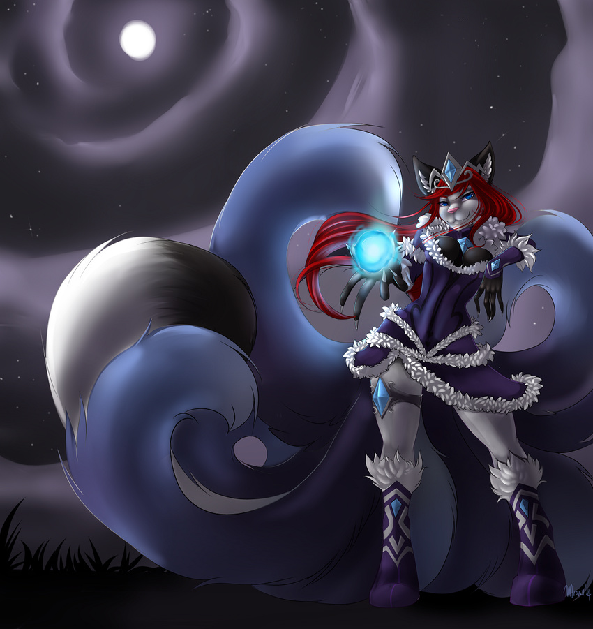 2014 ahri anthro avoid_posting black_fur blue_eyes boots canine clothing conditional_dnp cosplay diamonds dress female fox fur hair julia_(lipton) league_of_legends long_hair mammal moon mrawl night orb pink_nose red_hair white_fur