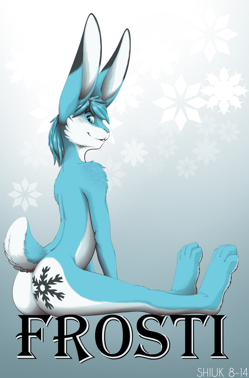 2014 black_fur blue_eyes blue_fur buckteeth butt fur hi_res hindpaw lagomorph long_ears looking_at_viewer looking_back male mammal nude paws rabbit shiuk sitting smile solo teeth white_fur