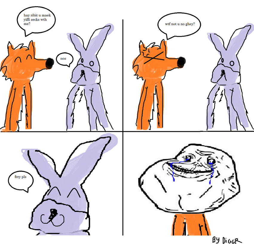 canine comic dialog diggr forever_alone fox humor lagomorph male mammal meme ms_paint rabbit ribit watermark weird what why