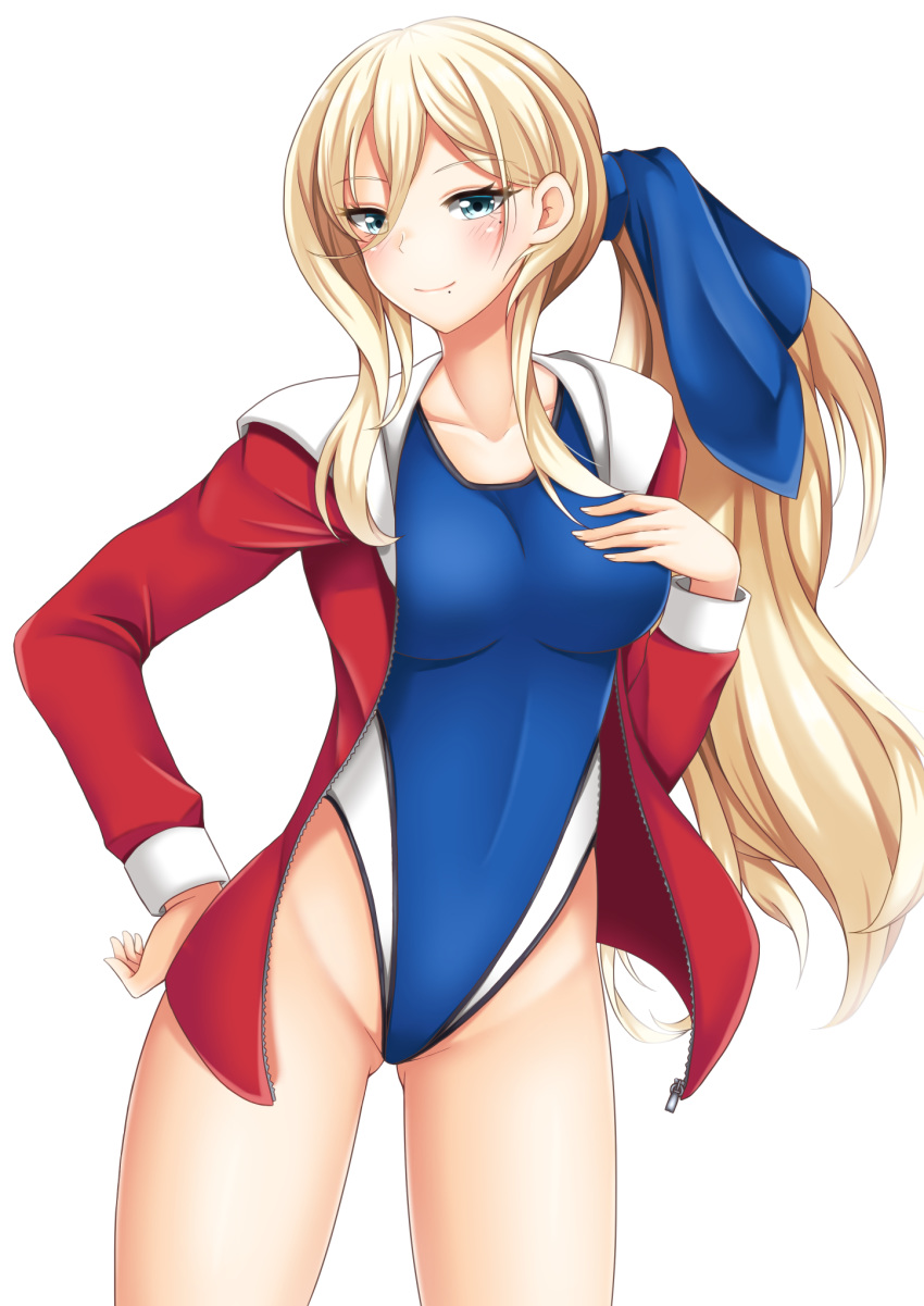 alternate_hairstyle blonde_hair blue_eyes blue_ribbon blue_swimsuit blush bow breasts collarbone commentary_request competition_swimsuit cowboy_shot eyebrows_visible_through_hair hair_between_eyes hair_bow highres hood hooded_jacket jacket kantai_collection long_hair long_sleeves looking_at_viewer medium_breasts mole mole_under_eye mole_under_mouth one-piece_swimsuit open_clothes ponytail red_jacket ribbon richelieu_(kantai_collection) simple_background solo standing swimsuit track_jacket white_background yamato_(083) zipper