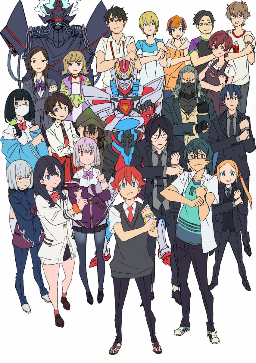 6+boys 6+girls alexis_(ssss.gridman) anoshiras_ii anti_(ssss.gridman) apron arai_hiroki arii_(ssss._gridman) armor black_gloves blonde_hair blue_eyes borr bow brown_hair cardigan chains fingerless_gloves flame_print flipped_hair formal furuma_ako gakuran gloves green_shirt green_suit gridman_(ssss) half_updo hassu hibiki_yuuta highres imai_(ssss._gridman) jacket letterman_jacket long_hair marusa_ramo mask max_(ssss.gridman) multicolored_hair multiple_boys multiple_girls namiko necktie orange_hair pose purple_bow purple_jacket red_hair red_neckwear samurai_calibur school_uniform scrunchie shirt shoes simple_background sneakers ssss.gridman streaked_hair suit sweater_vest takarada_rikka takarada_rikka's_mother takato_(ssss._gridman) twintails utsumi_shou vit waistcoat white_background yamato_(ssss._gridman) yellow_shirt